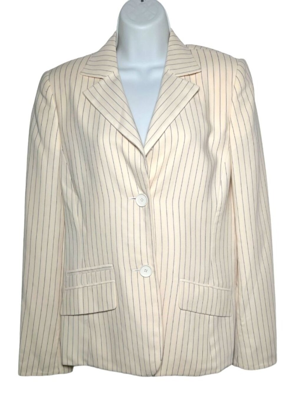 Akris Wool Blend Pinstripe 2-Button Blazer Ivory Cream Black Classic Size 10